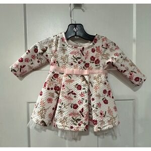 Youngland squiggles Baby Girls Newborn 3M  Floral Dress Pink Bow Tulle Trim